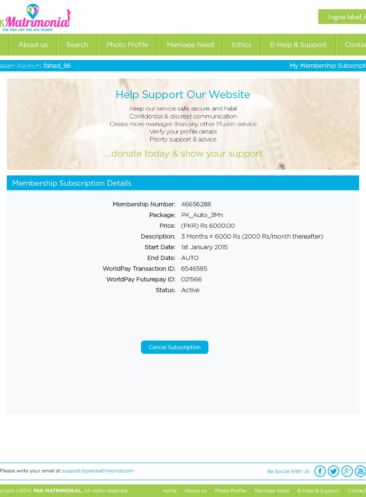 Pak Matrimonial Membership Status Webpage Design